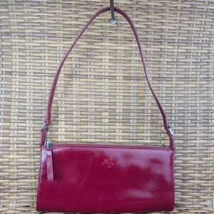 Monsac Original Red Smooth Leather Shoulder Bag Purse Silver Tone Hardware Small